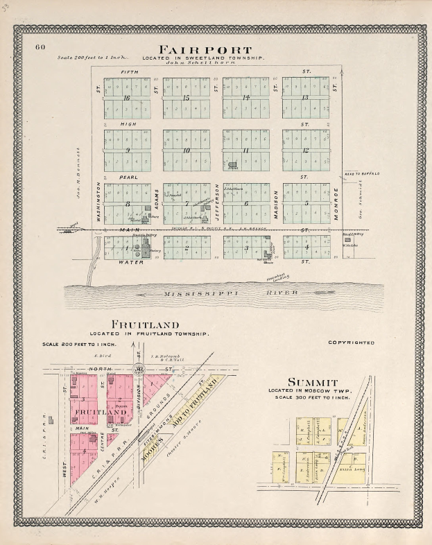 Ein altes, gedrucktes Stadtplan von Fairport, Massachusetts, mit Text und Zahlen, die die Standorte der Stadt angeben.