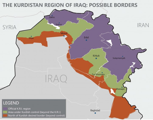 Ein Plakat mit einer Karte des irakischen Kurdistan mit verschiedenen farbigen Grenzen und begleitendem Text, der die Region beschreibt.