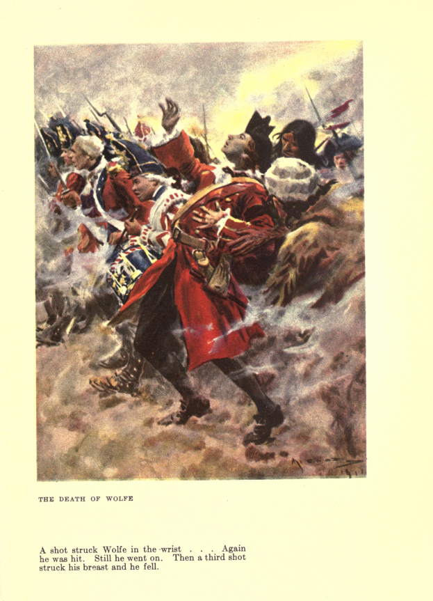 Ein Plakat mit der Aufschrift "Der Tod von Wolfe", das eine Gruppe besorgter Menschen zeigt, einige schauen ängstlich nach oben und andere traurig nach unten, mit gedämpften Farben, die eine melancholische Stimmung erzeugen.