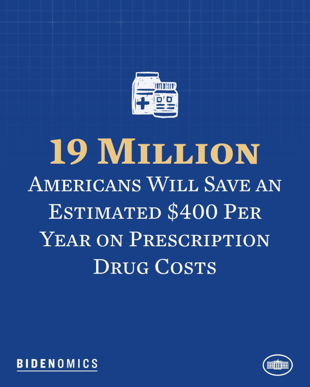 Blauer Hintergrund mit wei├čem Text und Logo, das besagt: "19 Millionen Amerikaner sparen sch├Ątztlich 400 Dollar pro Jahr an Arzneimittelkosten."