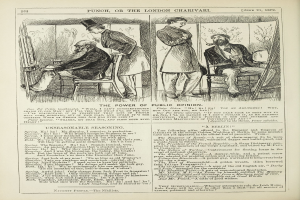 Ein altes Buchcover mit einem Mann in einem Stuhl sitzend, der ernst dreinschaut und eine Frau daneben steht, die nachdenklich aussieht, mit der Aufschrift "Die Macht der öffentlichen Meinung" auf der Seite.