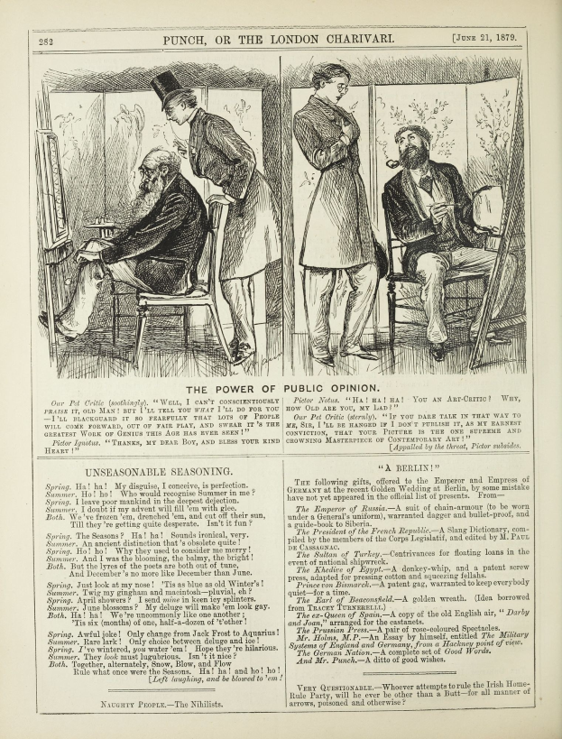 Ein altes Buchcover mit einem Mann in einem Stuhl sitzend, der ernst dreinschaut und eine Frau daneben steht, die nachdenklich aussieht, mit der Aufschrift "Die Macht der öffentlichen Meinung" auf der Seite.