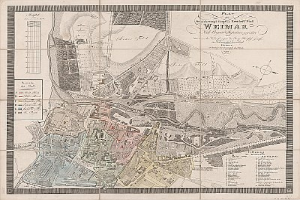 Detailreiches altes Stadtplan von Weimar, Deutschland, zeigt Straßen, Gebäude und Sehenswürdigkeiten mit begleitendem Text über die Bevölkerung und bemerkenswerte Merkmale.