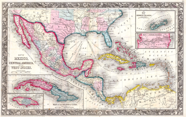 Eine detaillierte Karte von Mexiko und Mittelamerika mit den Westindischen Inseln hervorgehoben, die Länder, Gewässer und zusätzlichen Text zeigt.