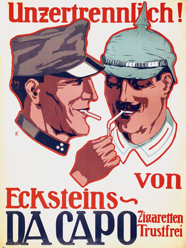 Ein deutsches Propagandaplakat mit zwei Männern in Mützen, die Zigaretten rauchen, mit Text, der wahrscheinlich Informationen über die Männer enthält.