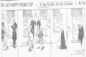 Eine Karikatur eines Mannes in einem schwarzen Anzug und einer Frau in einem Kleid mit einem schwarzen Schultertuch, beide mit ernsten Gesichtern, die über eine Scheidungsklage sprechen, mit dem Text 'Scheidungsklage' auf dem Bild.