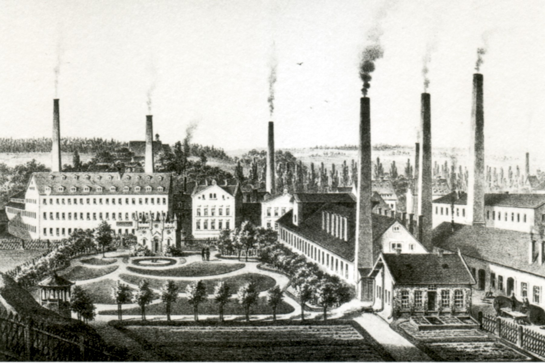 Eine Schwarz-Weiß-Zeichnung einer Fabrik mit Rauch, der aus ihrem Schornstein austritt, umgeben von Gebäuden, Bäumen, Pflanzen, Gras und einem Zaun, mit dem Text "New York State Penitentiary" unten.