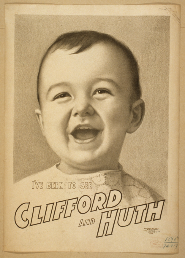 Ein Schwarz-Weiß-Foto eines strahlenden Babys mit dem Text "Clifford und Ruth" darüber.