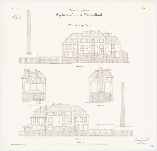 Eine Zeichnung eines mehrfenstrigen Gebäudes mit einem Schornstein, das als psychiatrische Klinik in Deutschland identifiziert wird, zusammen mit Text, der zusätzliche Informationen bereitstellt.