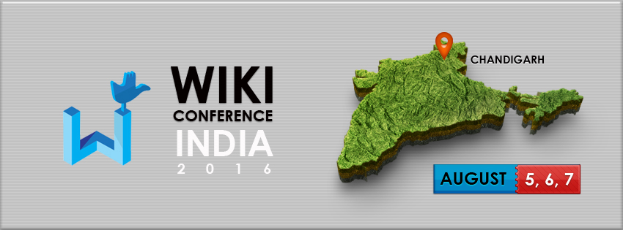 Ein detaillierter Stadtplan von Indien, der den Standort von Chandigarh hervorhebt, mit dem Text "Wiki Conference India 2016" in fetter Schrift.