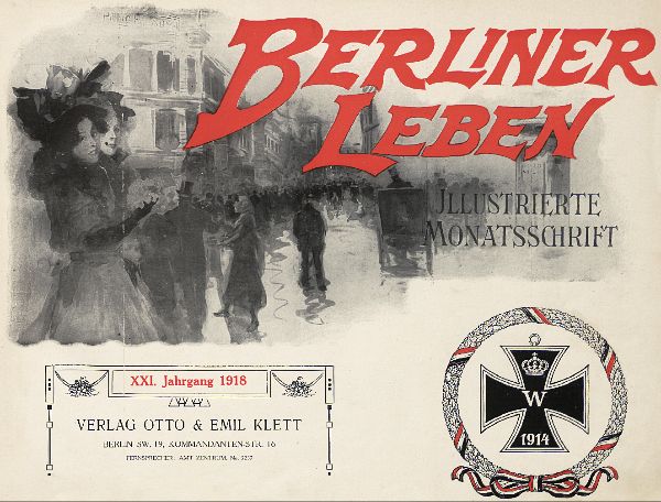 Ein altes Buchcover mit einer Gruppe von Menschen in festlicher Stimmung, Text 'Berliner Leben' und einem Logo im Zusammenhang mit der deutschen Militär.