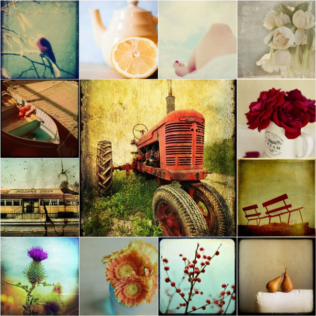 Ein Collage mit einem Fahrzeug, Boot, Teekanne, Gebäude, Blumen und Bänken.