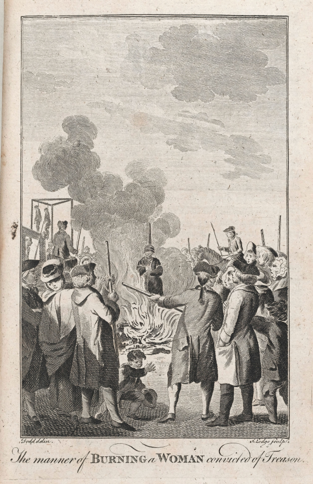 Eine Gruppe von Menschen steht um ein Feuer, aus dem Rauch aufsteigt, und ein Text am unteren Rand mit der Aufschrift "Die Art und Weise, wie eine wegen Hochverrats verurteilte Frau verbrannt wird."