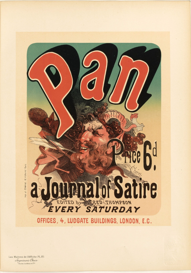 Ein Plakat mit einem Porträt eines Menschen mit kurzen, dunklen Haaren und einem ernsten Gesichtsausdruck, der ein weißes Hemd trägt, mit der schwarzen, fetten Schrift "Pan: Eine Satirezeitschrift" in der Mitte auf einem weißen Hintergrund.