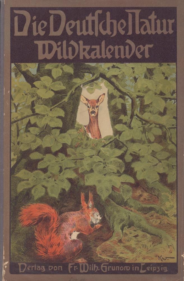 Ein Buch mit dem Titel "Die Deutsches Hatur Wildkalender", das eine Illustration eines Rehs und eines Eichhörnchens in einem Waldgebiet zeigt.