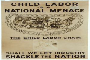 Plakat mit der Überschrift "Kindera(r)beit ist eine nationale Geisel - Sollen wir der Industrie die Nation ausliefern" in fetter schwarzer Schrift auf einem weißen Hintergrund, das eine vielfältige Gruppe von Menschen zeigt, die gemeinsam stehen.