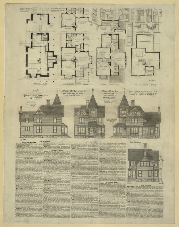 Ein altes Buch mit einer Zeichnung eines Hauses auf dem Cover, das detaillierte Pläne und Text enthält, der das Layout des Hauses beschreibt.