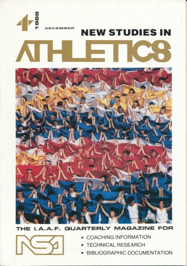 Buchumschlag mit der Aufschrift "Neue Studien im Athletics 1988", der Athleten im Training unter einem hellblauen Himmel mit weißen Wolken und fernen Bäumen zeigt.