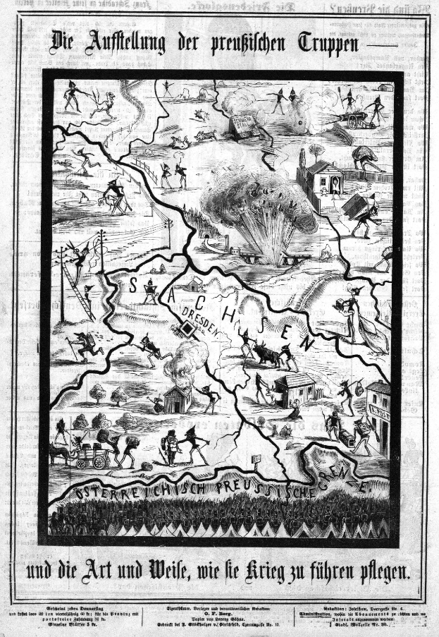 Eine alte Zeitung mit einer Schwarz-Weiß-Karte von Deutschland mit detaillierten geografischen Merkmalen wie Bergen, Flüssen und Städten sowie begleitendem Text.
