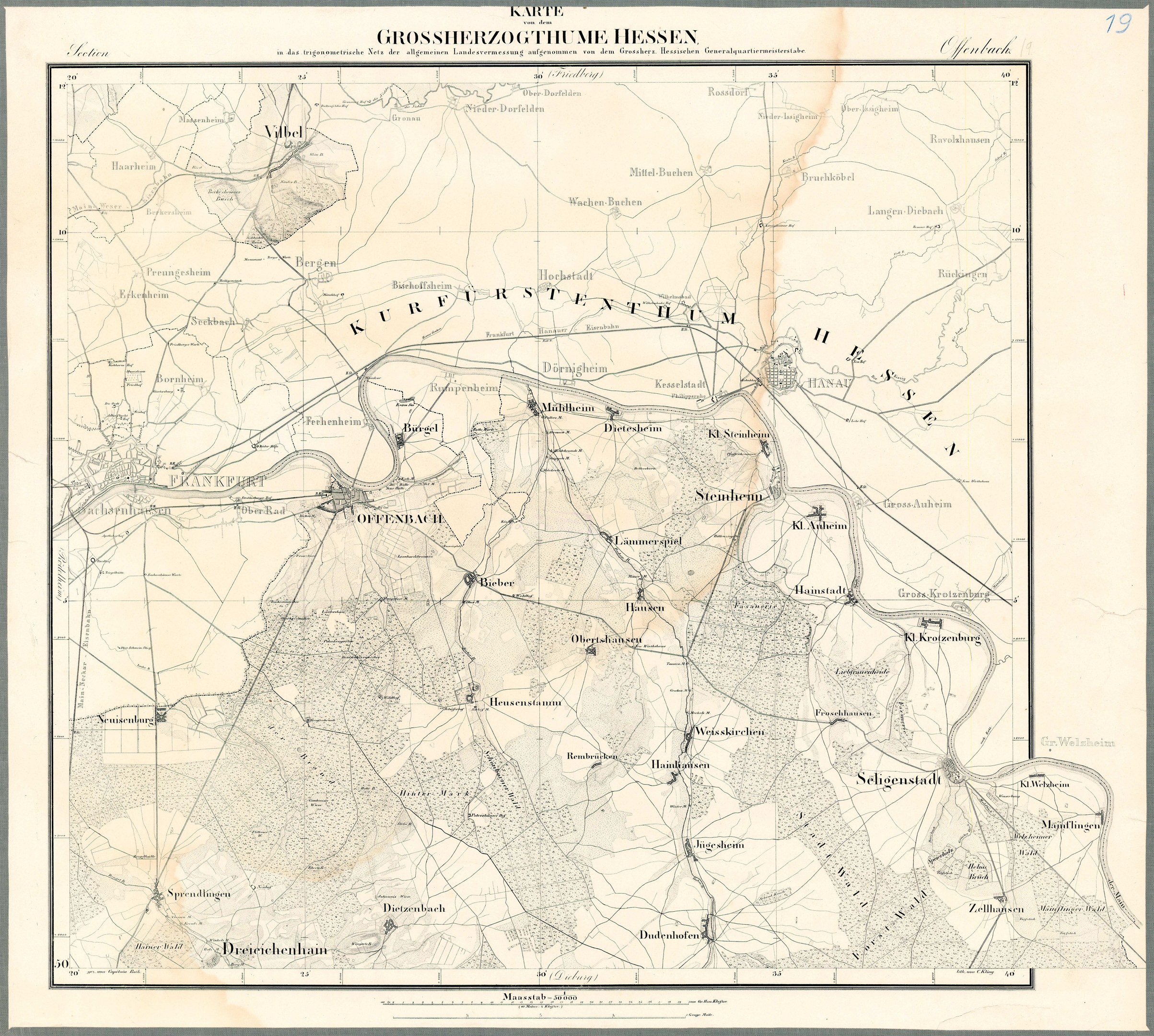 Alte Karte von Hessen, Deutschland, gerahmt in einem Foto Rahmen mit schwarzen Rändern und Text.