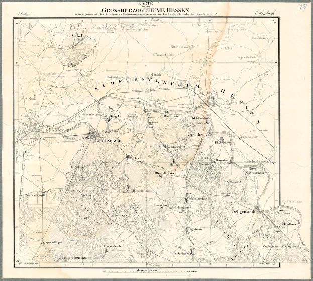 Alte Karte von Hessen, Deutschland, gerahmt in einem Foto Rahmen mit schwarzen Rändern und Text.