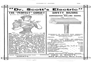 Ein Frauenkopf auf einer Werbung für Dr. Scotts Elektrische Rasierer, mit Text, der das Produkt beschreibt.