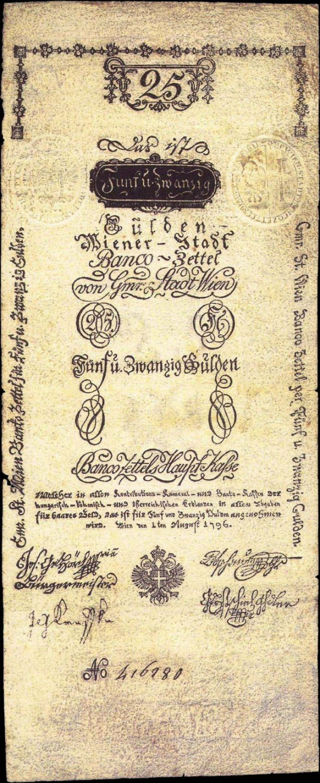 Eine alte deutsche Banknote mit schwarzem Hintergrund, die das Porträt eines Mannes und den Text "Schweiz 25 Pfennig" zeigt, mit einem Stempel auf der rechten Seite.
