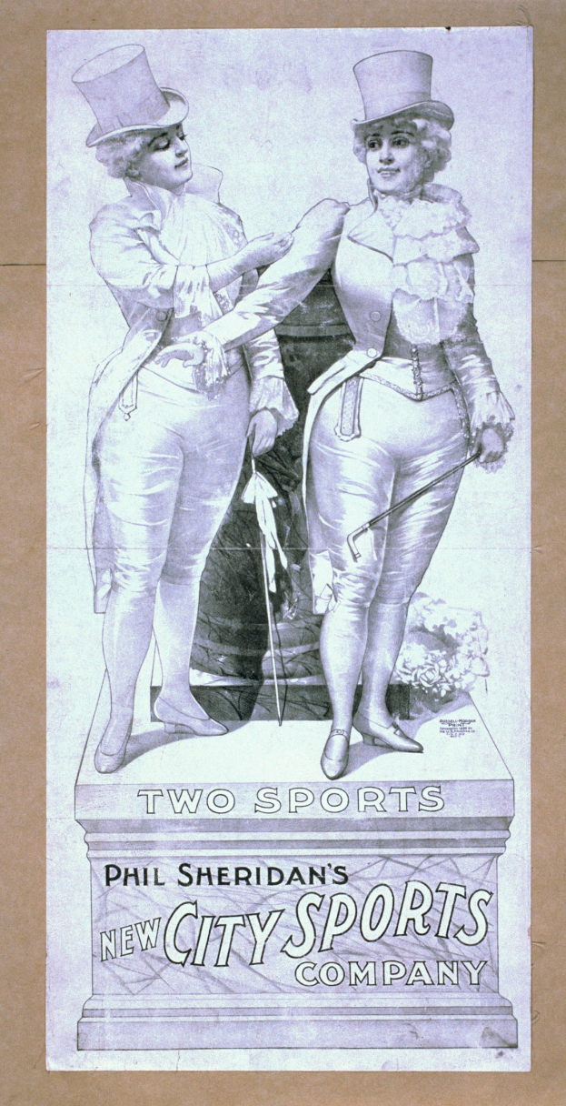 Plakat für die neue Sportstadt GmbH von Phil Sheridan mit zwei Personen nebeneinanderstehend und Text, der das Unternehmen und seine Dienstleistungen beschreibt.