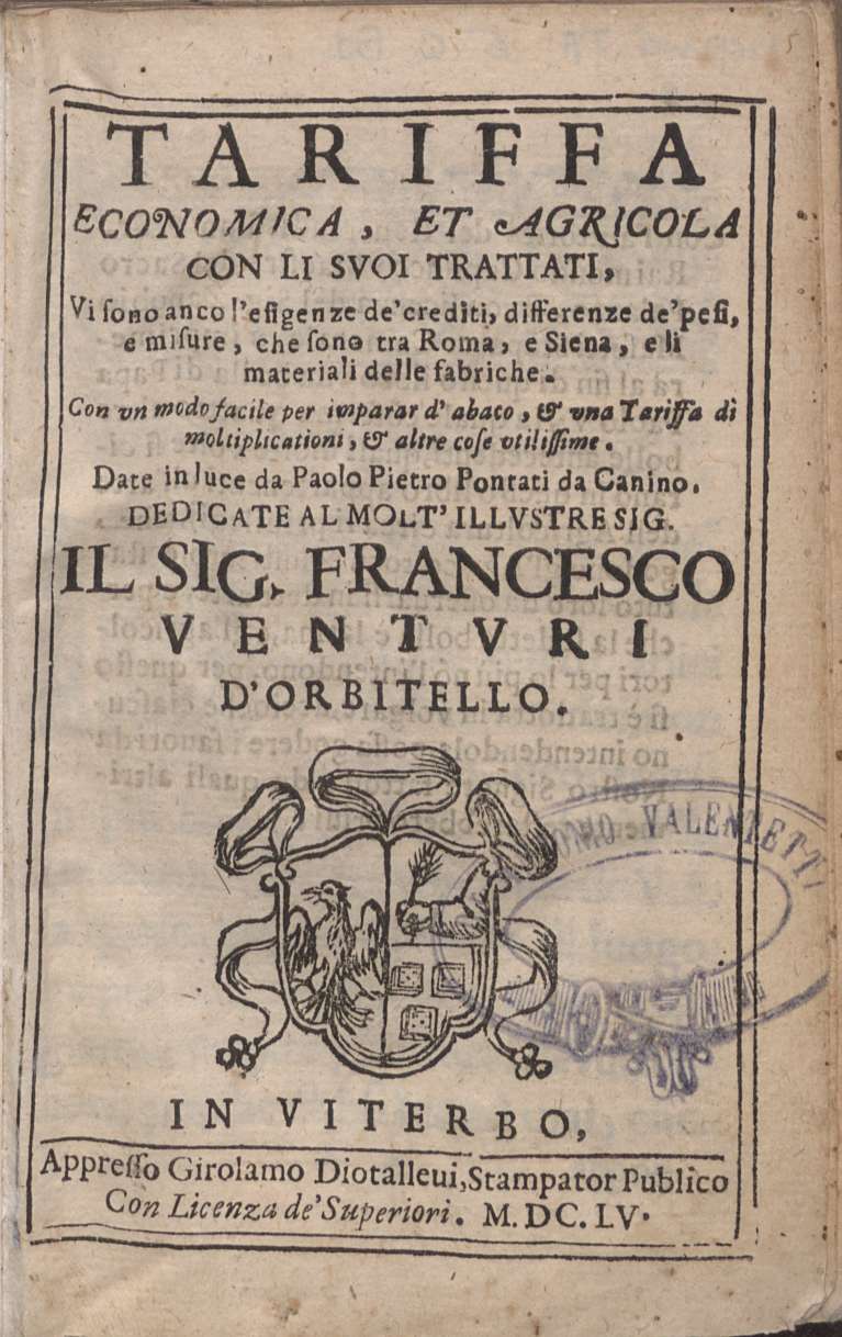 Ein altes Buch mit dem Titel "Tariffa Economica e Agricola" von Paolo Molti, das ein Wappen und dekorativen Text auf dem Umschlag zeigt.