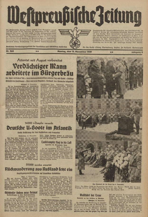 Schwarze und weiße Titelseite einer deutschen Zeitung vom 13. November 1939 mit der Überschrift "Weitpreubliche Zeitung" und einem Foto von Menschen in traditioneller deutscher Tracht, die zu feiern scheinen.