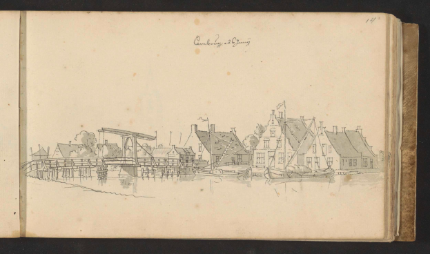 Ein aufgeschlagenes Buch mit dem Titel 'Cambridge und Grosvenor', das eine Stadtansicht von Amsterdam mit Häusern, Bäumen und Booten auf dem Wasser zeigt.