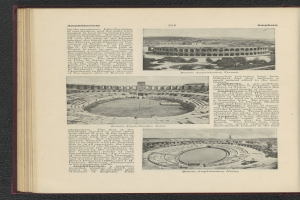 Offenes Buch mit Stadionbild und Text sowie zusätzlichen Bildern