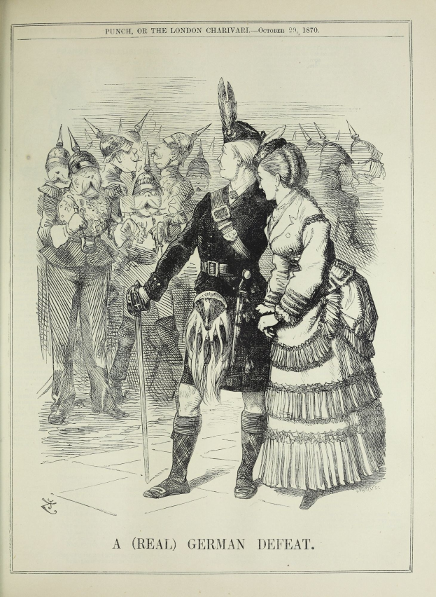 Zwei Personen stehen vor einer Menge, eine hält einen Stock, auf einem Blatt mit deutschen Niederlage Details.