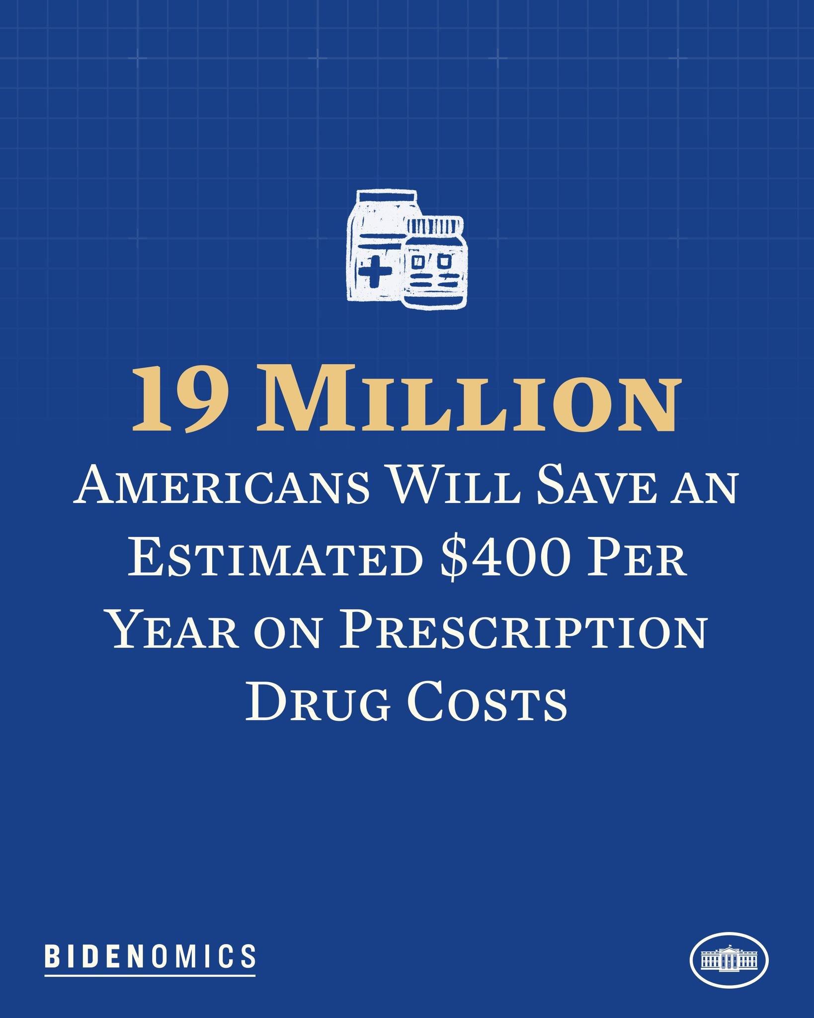 Blauer Hintergrund mit weißer Schrift und einem Logo, auf dem steht: "19 Millionen Amerikaner sparen geschätzt 400 Dollar pro Jahr an Arzneikosten."