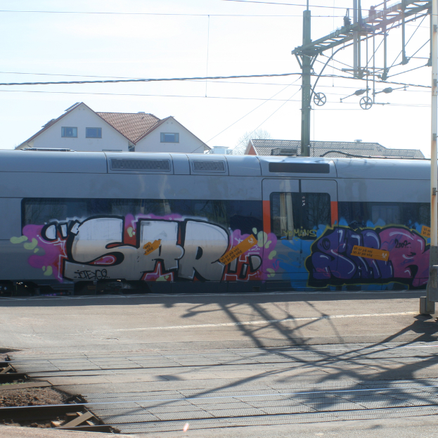 Graffiti-versehener Zug mit sichtbaren Kabeln, Häuser mit Fenstern im Hintergrund.