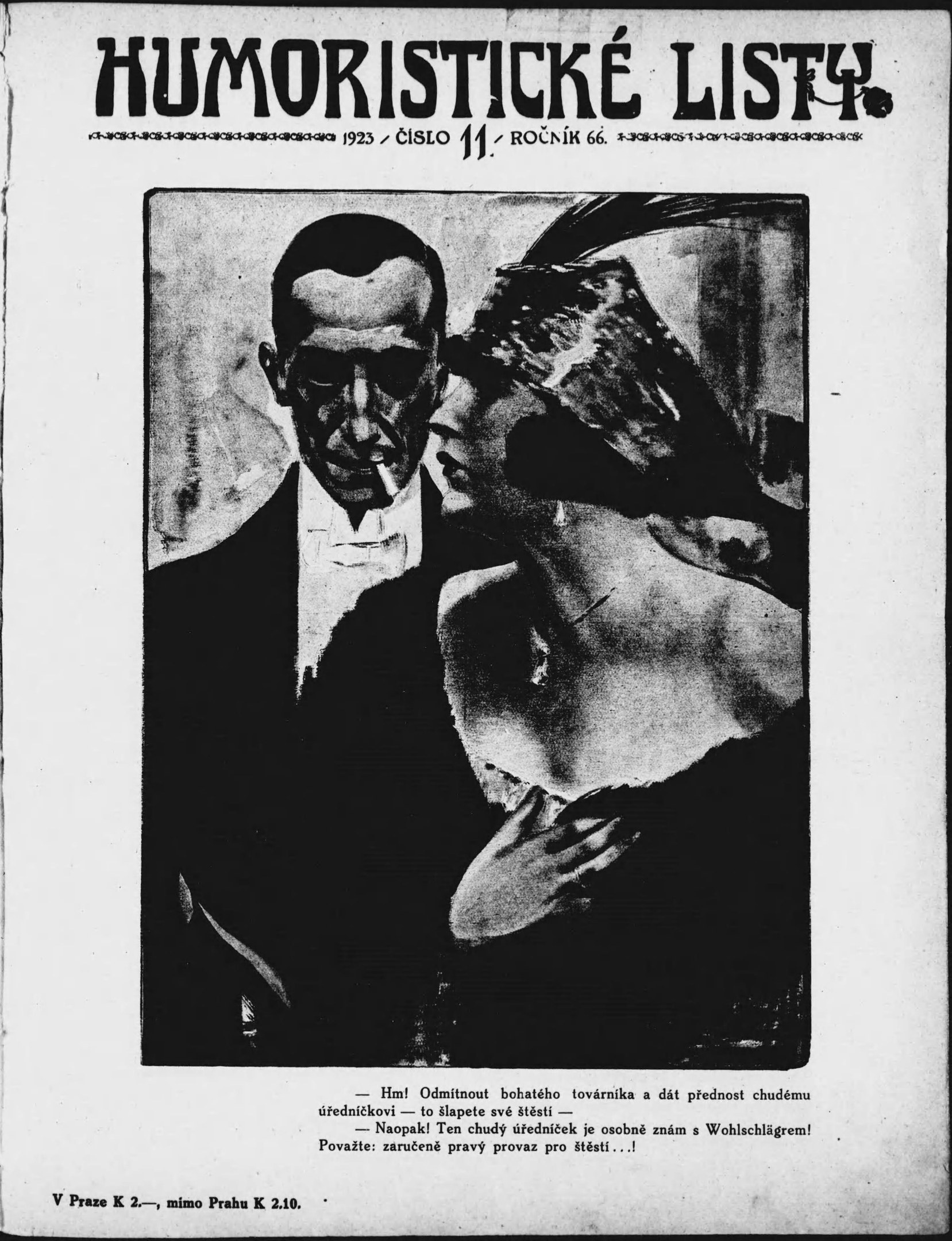 Schwarze und weiße Zeitschriftentitel 'Humoristische Liste' mit einem Mann im Anzug mit ernstem Gesichtsausdruck und einer Frau, die wegsieht und leicht schmunzelt.