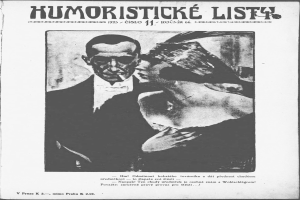 Schwarze und weiße Zeitschriftentitel 'Humoristische Liste' mit einem Mann im Anzug mit ernstem Gesichtsausdruck und einer Frau, die wegsieht und leicht schmunzelt.