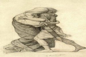 Eine Zeichnung eines Mannes und einer Frau, die sich in einer leidenschaftlichen Umarmung befinden, wobei der Mann ein Schwert hält, und ein Text unten.