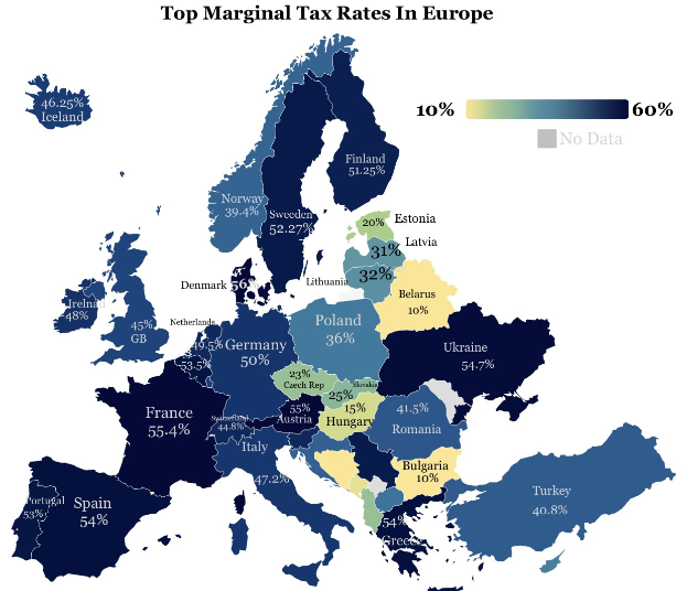 Eine Karte von Europa, die die höchsten Steuersätze pro Land zeigt, mit einer Überschrift, die "Höchste Steuersätze in Europa" lautet.