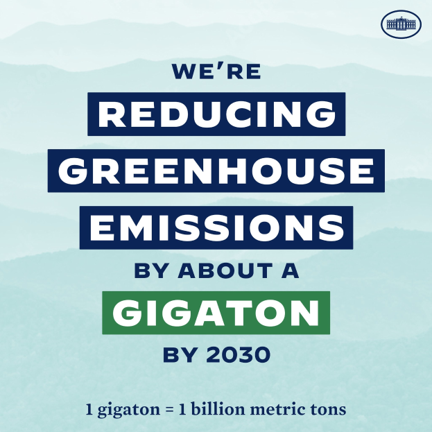 Plakat mit der Aufschrift "Wir reduzieren die Treibhausgasemissionen um etwa eine Gigatonne bis 2030" und einem Logo, das die Reduzierung der Treibhausgase bis 2030 fordert.