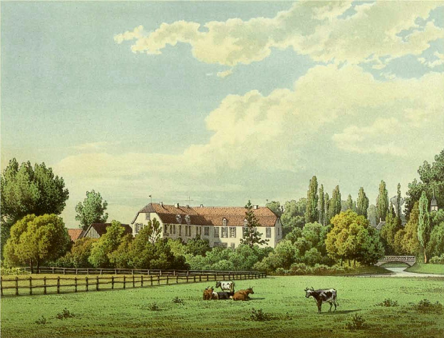 Ein Gemälde von Kühen, die auf einer Wiese mit einem Holzzaun, Bäumen, Gebäuden mit Fenstern, einer Brücke und einem bewölkten Himmel grasen, mit der Beschriftung "Kühe auf der Weide in Wiesbaden, Deutschland".