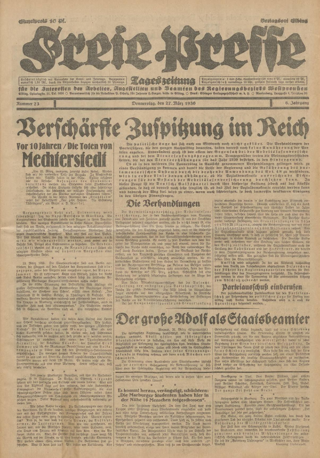 Schwarze und weiße Titelseite einer alten deutschen Zeitung mit dem Bild eines ernst aussehenden Mannes.