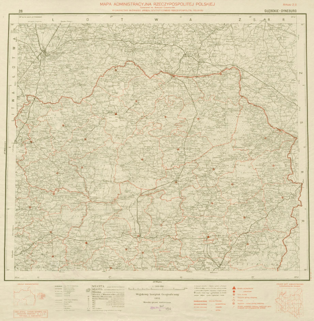 Alte Landkarte Polens mit roter Linie und handgeschriebenem Text auf vergilbtem Papier.