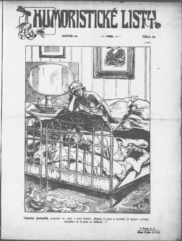Schwarz-weiß-Illustration einer Person, die auf einem Bett liegt, mit einem Spiegel auf dem Nachttisch und einem gerahmten Bild an der Wand, begleitet von Text, der "humoristische liste - tschechoslowakei - 20. april 1920" oben und unten lautet.