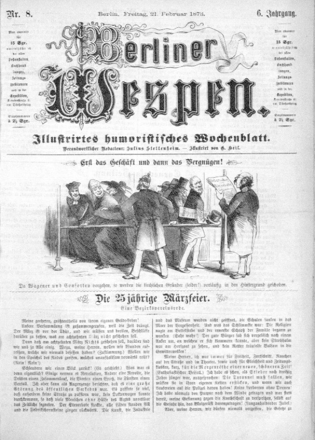Alte deutsche Zeitung "Berliner Wespen" vom 21. Februar 1873 mit einer Gruppe von Menschen in traditioneller deutscher Tracht, die sich unterhalten, mit deutscher Text, der wahrscheinlich das Ereignis beschreibt.