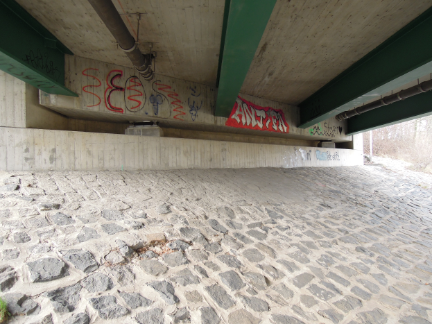 Eine Kopfsteinpflasterstraße unter einer Brücke mit Graffiti an ihrer Wand, umgeben von Gras und Bäumen im Hintergrund.