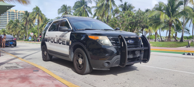 Polizeiauto auf dem Seitenstreifen geparkt mit Menschen, Fahrrädern, Gras, Bäumen, Gebäuden und einem klaren blauen Himmel im Hintergrund; Vorderrad sichtbar.
