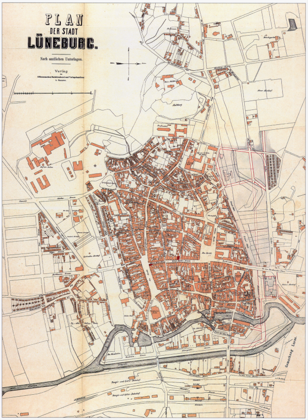 Ein detaillierter alter Stadtplan von Lüneburg, Deutschland, der Straßen, Gebäude und Sehenswürdigkeiten mit begleitendem Text über die Bevölkerung und Merkmale der Stadt zeigt.