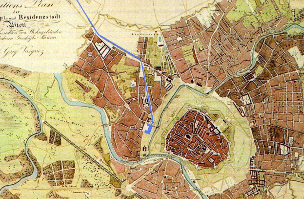 Ein detaillierter alter Stadtplan von Hamburg, Deutschland, mit Straßen, Gebäuden und Sehenswürdigkeiten, mit einer blauen Linie und Textinformationen über die Stadt.