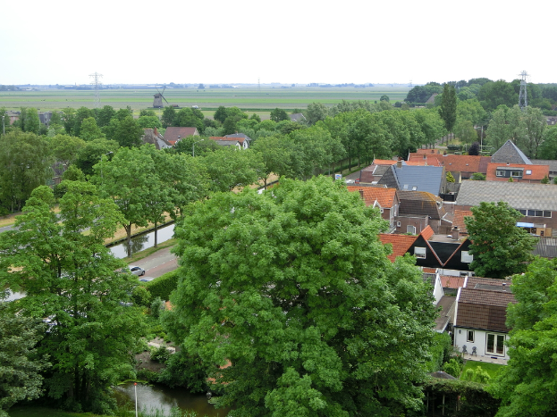 Eine Vorstadtansicht mit Häusern, Bäumen, Autos auf einer Straße und fernen Türmen und einer Windmühle.
